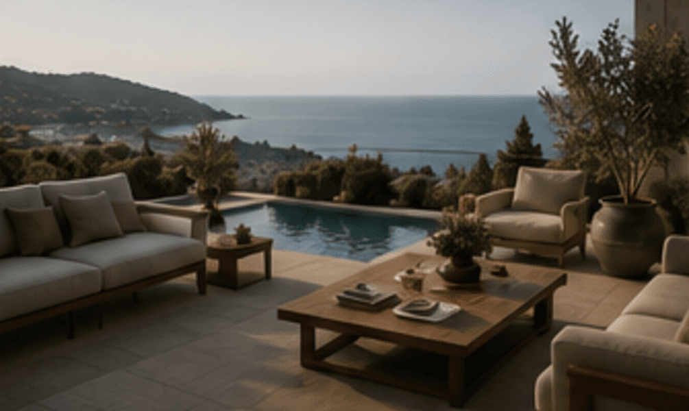 Terrace and infinity pool of a Costa del Sol residence at dusk